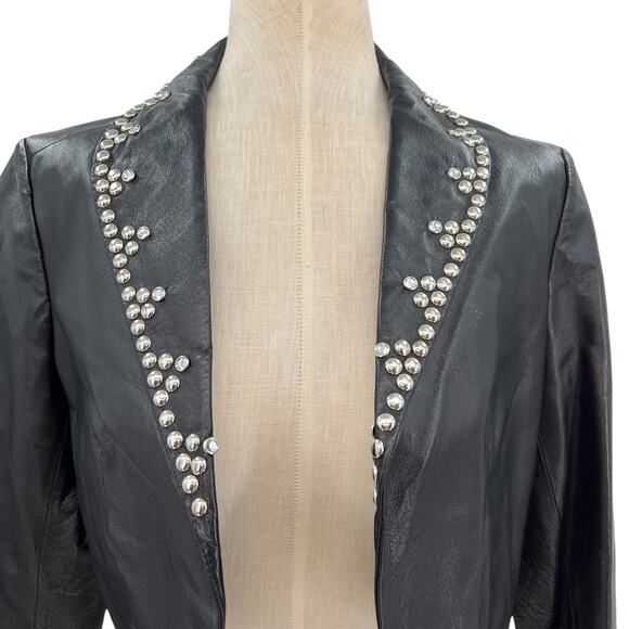 Cache Vintage Leather Jacket Cropped Studded Rhinestones Black Size Medium - Picture 2 of 11